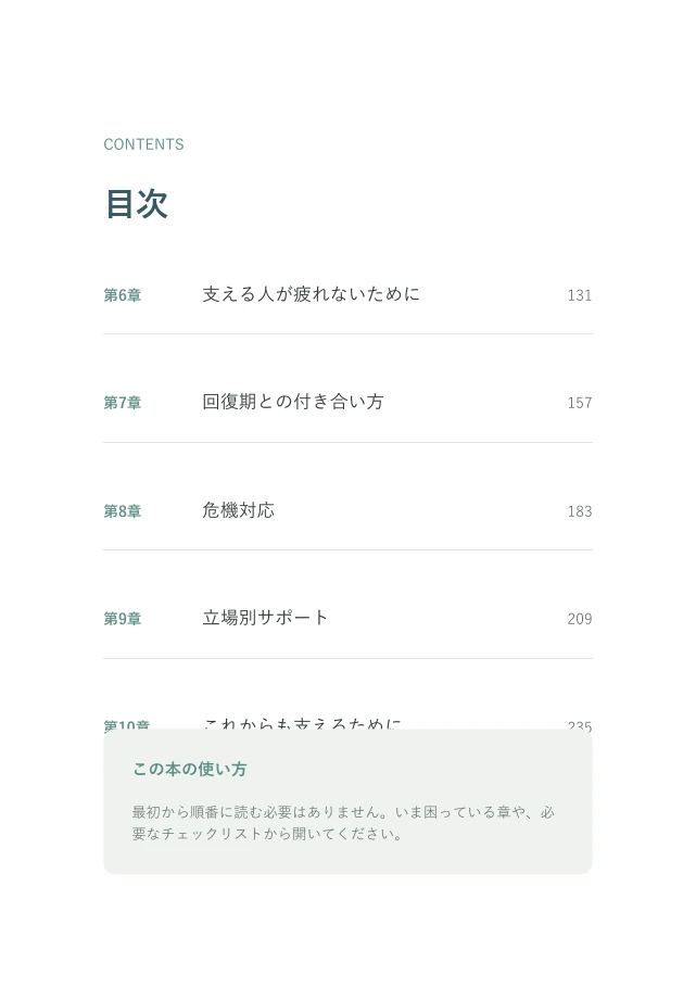 『支える人の教科書①』従来版の実際のページ：全10章の目次・後半