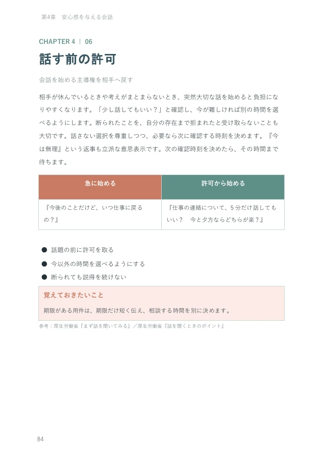 『支える人の教科書①』従来版の実際のページ：安心につながる会話