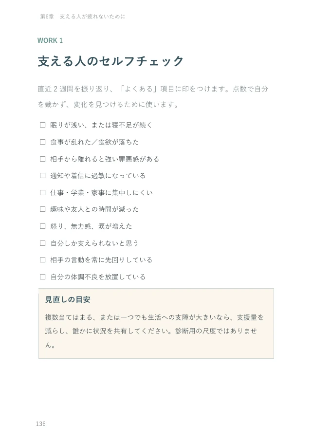 『支える人の教科書①』従来版の実際のページ：支える人のセルフチェック